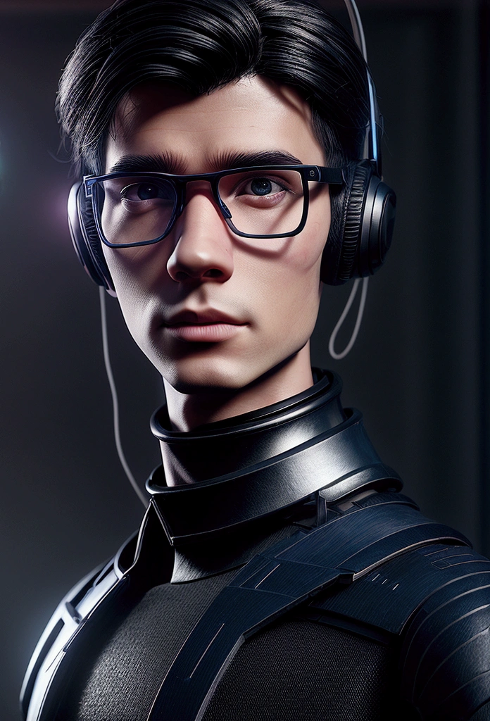 Create an avatar for YouTube that is a boy that resembles Artificial Intelligence, black hair, Eyeglasses, using futuristic neon headphones, modern microphone, realisitic, with the name "Sounding etc", 3D pixar style