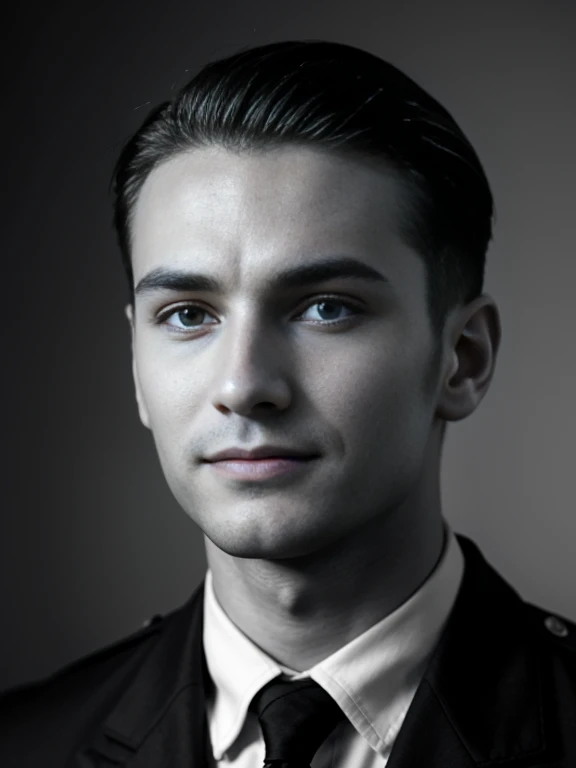 monochrome, Black and White Photography, portrait , Front view, 1941 years, June, WW2, 1 man is Russian man, Russian army uniform , cut close hair, smile,