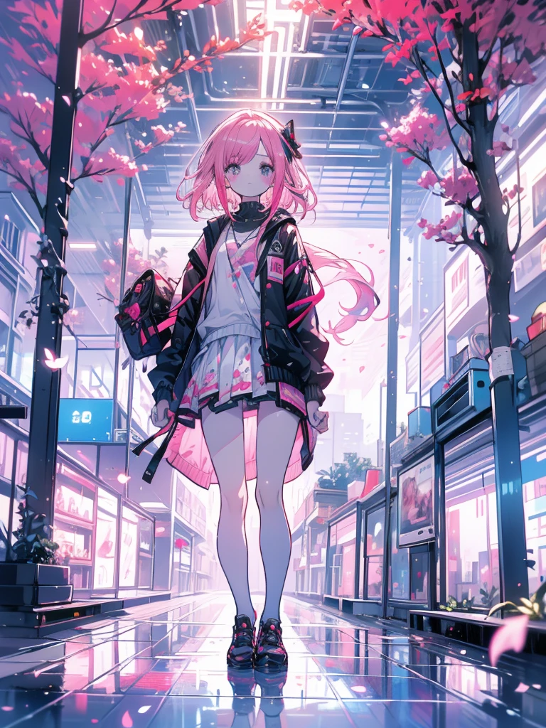 work of art, best qualityer, ultra detali, illustration, wide angle, 1 girl standing in the middle of the road, standing alone, road in the middle and pink cherry trees on the side of the road, Farbepo todo, the 20s, pink hair, sweater, skirt short, lo fashion,, Composition, balance, harmony, pacing, Farbe, Lumiere, ombre, reflection, refraction, tom, sharp contrast, foreground, middle ground, fund, naturalist, Figurative, representative.