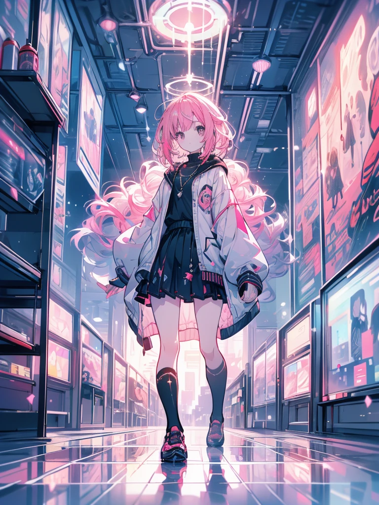 work of art, best qualityer, ultra detali, illustration, wide angle, 1 girl standing in the middle of the road, standing alone, road in the middle and pink cherry trees on the side of the road, Farbepo todo, the 20s, pink hair, sweater, skirt short, lo fashion,, Composition, balance, harmony, pacing, Farbe, Lumiere, ombre, reflection, refraction, tom, sharp contrast, foreground, middle ground, fund, naturalist, Figurative, representative.