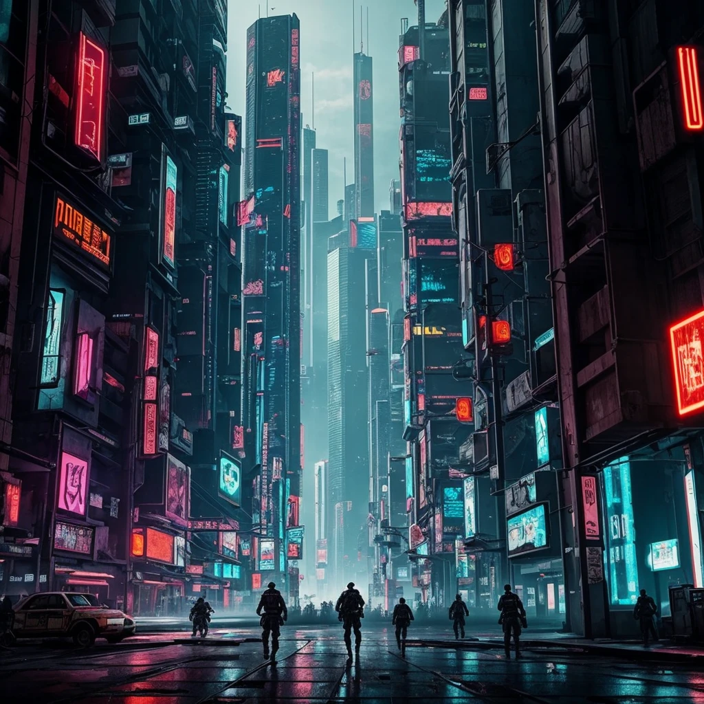 Creates an image of a cyberpunk scenario in the middle of a war