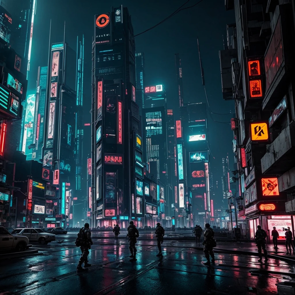 Creates an image of a cyberpunk scenario in the middle of a war 