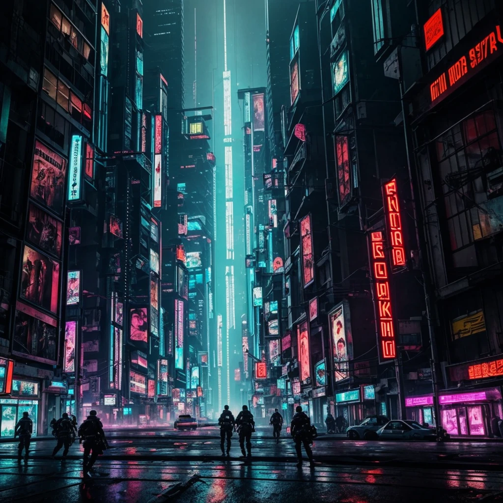 Creates an image of a cyberpunk scenario in the middle of a war