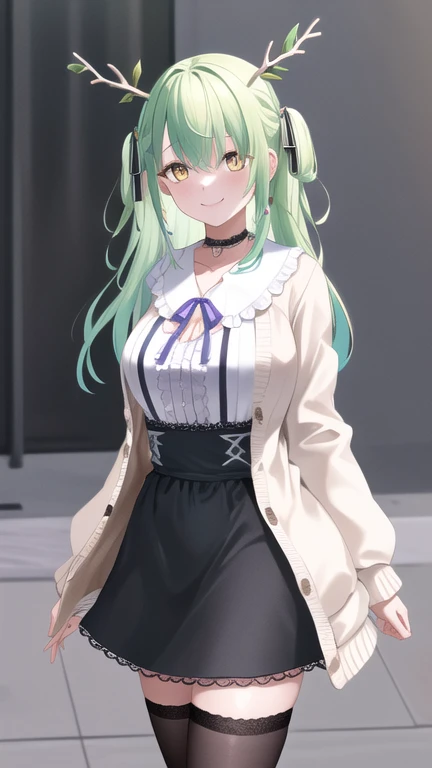 masterpiece, best quality, highres, hmcf, long hair, antlers, branch, two side up, hair ribbon, braid, yellow eyes, large breasts, jewelry, black choker, frills, white shirt, long sleeves, white cardigan, open cardigan, suspender skirt, black skirt, white socks, cowboy shot, standing, street, smile
