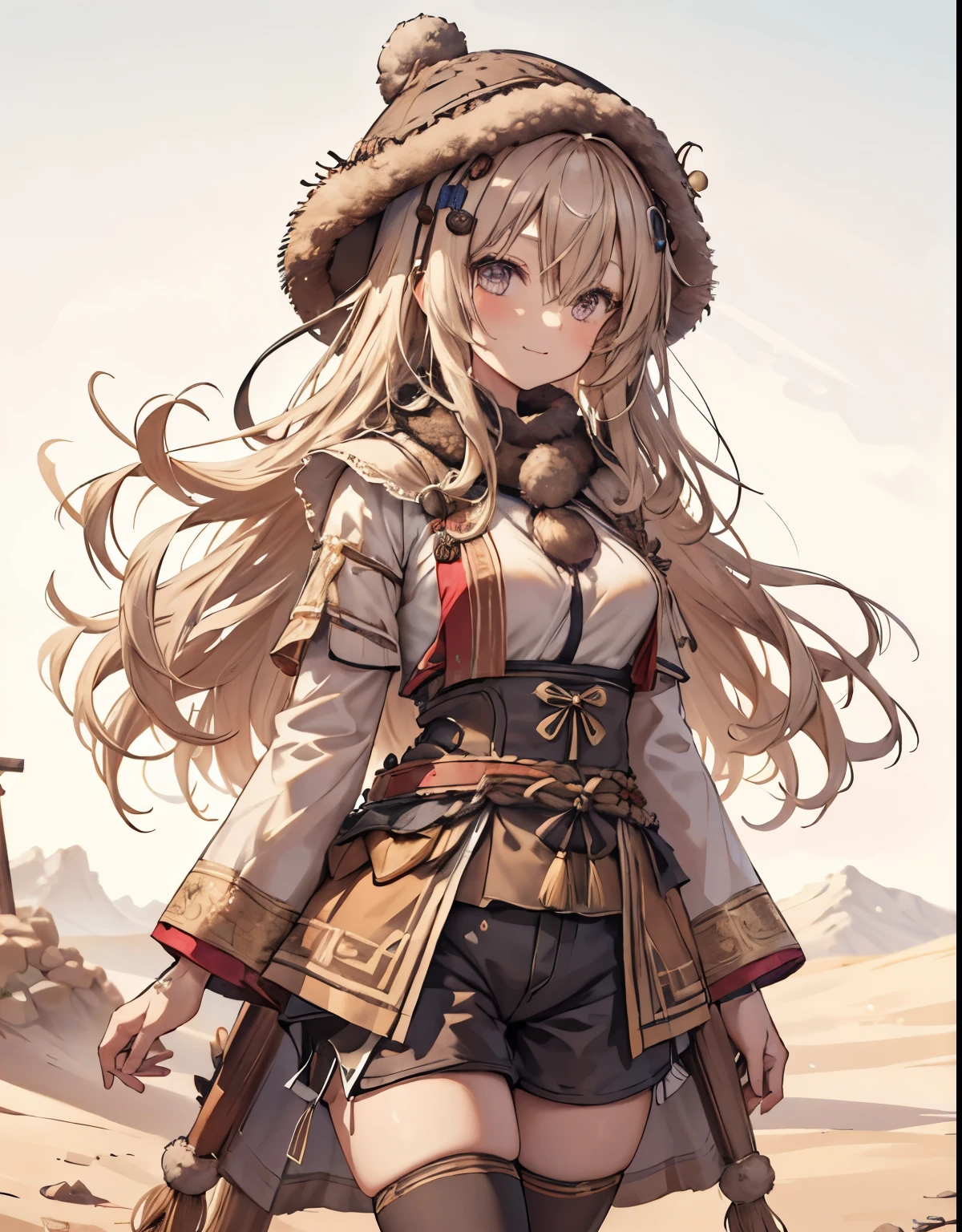 masterpiece, 1girl, sparrow, a blonde haired girl, wearing a mongolian clothes, curly long hair, messy hair, slim body, he close her left eye, shirt ornament, ruby eyes, ahoge, baby face, medium breast, beautiful breasts, rounded breasts, long sleeves, beautiful eyes, white stocking, droopy eyes, her age is 19 years old, azusa_bluearchive, seductive face, medium hair, smile, curly hair, tight shorts, furry winter hat, stepa, MongolPunkAI