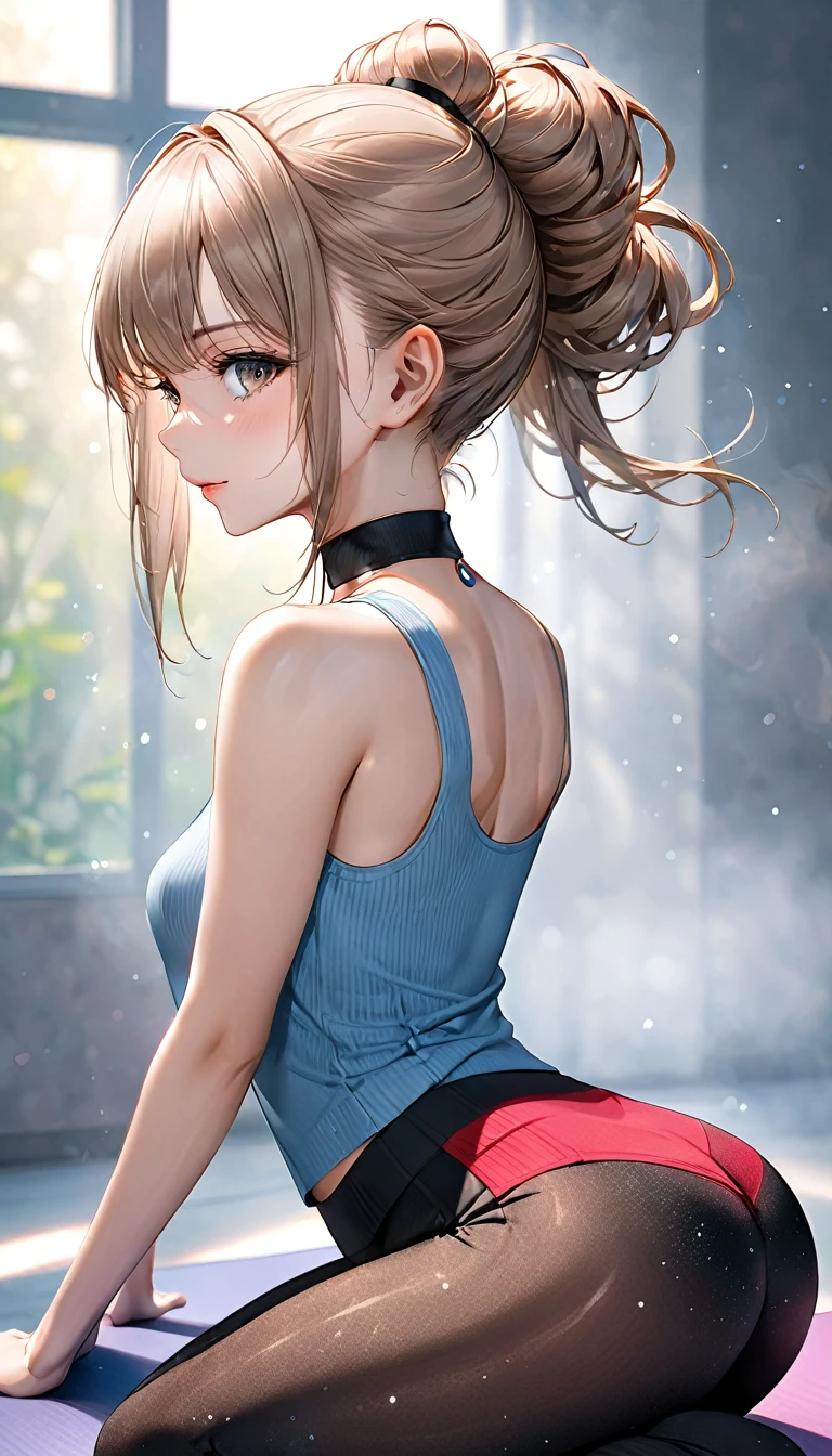 from side, beautiful woman, yoga exercises, yoga waist thrust pose, cool and sadistic, amorous and lewd face, make-up, light brown messy single hair bun, great slender proportion, wearing knit tight fit yoga uniform, choker, (ultra detailed, absolutely resolution, best quality:1.3), 2.5D, delicate and dynamic, hyper realistic, artistic photography, graphic CG digital art, shading effects, gradation magic effects, glitter effects, sunlight effects, foggy filter effects, background yoga studio