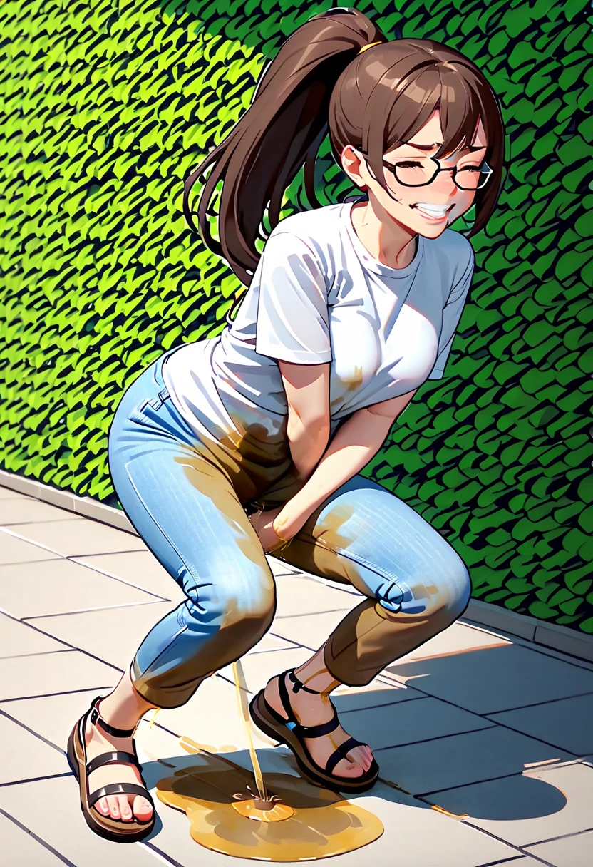 NSFW, (masterpiece, top quality, best quality, highly detailed:1.6), extremely detailed CG unity 8k wallpaper, (full body), wide shot, long shot, (leaning forward,close knees, touching crotch, pee running down legs:2.5), (((standing))), (((clutching crotch))), strong facial expression, (sharp eye:1.2), (scowl:1.1), (embarrassed, blush:1.3), (steam:1.9), (wet:1.2), (sweat:1.1), (trembling:1.3), (open mouth, wavy mouth:1.4), (clenched teeth:1.7), (closed eyes:1.5), (feeling weak:1.5), (shoot from front, looking at viewer:1.2), (light blue denim, toreador pants:1.5), (at midnight), night, park, woman, outdoor, (T-shirt, sandals:1.5), (long hair, dark brown hair, ponytail:1.5), (glasses:1.8), (long hair, ponytail, dark brown hair:1.5), (woman trembling with sexual climax:1.5), (Be incontinent:1.5), colorful, perfect composition, urination, incontinence, piss, peeing self, (((pee stream))), (pee puddle), wetting herself, pee stain, large breasts, Yellow pee, ((leaking pee)), puddle of pee, Pee at your pants, Pee spread on the floor, Pee stains, Dripping pee between my legs, Feet wet from pee, Pee-covered pants, Pee at your pants, want to pee, about to pee, Full bladder, Pee-soaked pants, Pee-soaked sandals, natural makeup,