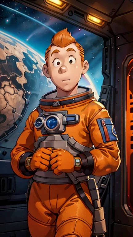 (Teens:1man: Tintin), (extremely detailed CG unit 8k wallpaper),(master part), (best quality), (ultra detali), (best illustration),(aardman style), cowboy shot, (Sharp eyeliner, ombre, detailed eyes:1),Dark midnight derelict spaceship interiors background, ,break , (astronaut in an orange space suit), upper body, short hair, orange hair