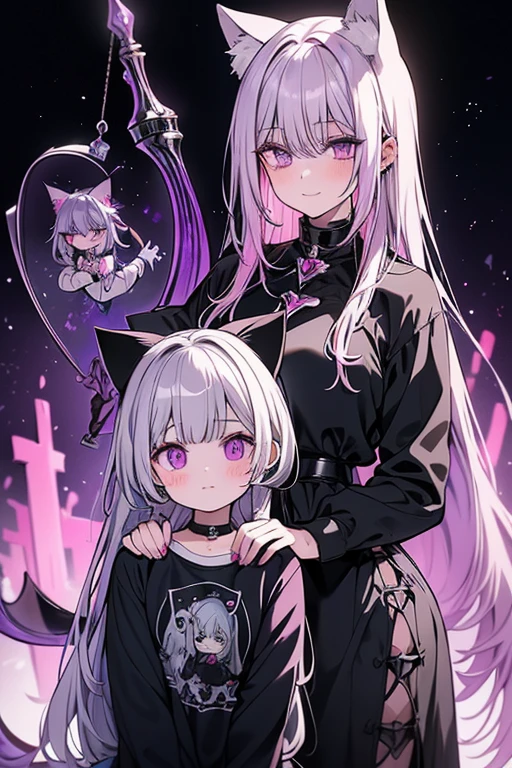 Two women. Perfect faces. Perfect hands. A young silver haired woman with violet eyes and silver cat ears and a silver cat tail in a Gothic sweatshirt dress is swing scythes with a pink haired woman with violet eyes and an hourglass figure in a cemetery with big smiles