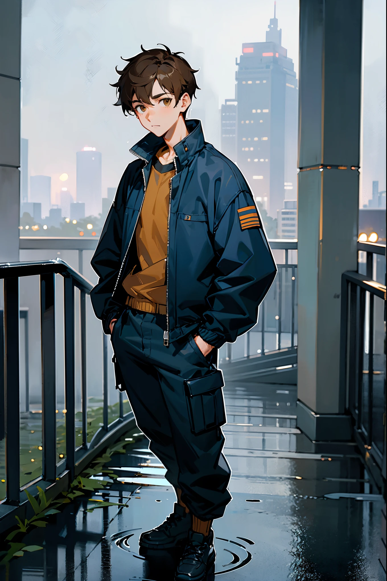 1male, short brown hair, hazel eyes, wearing a navy blue windbreaker, black cargo pants, standing in front of a rainy cityscape at dusk, standing on path