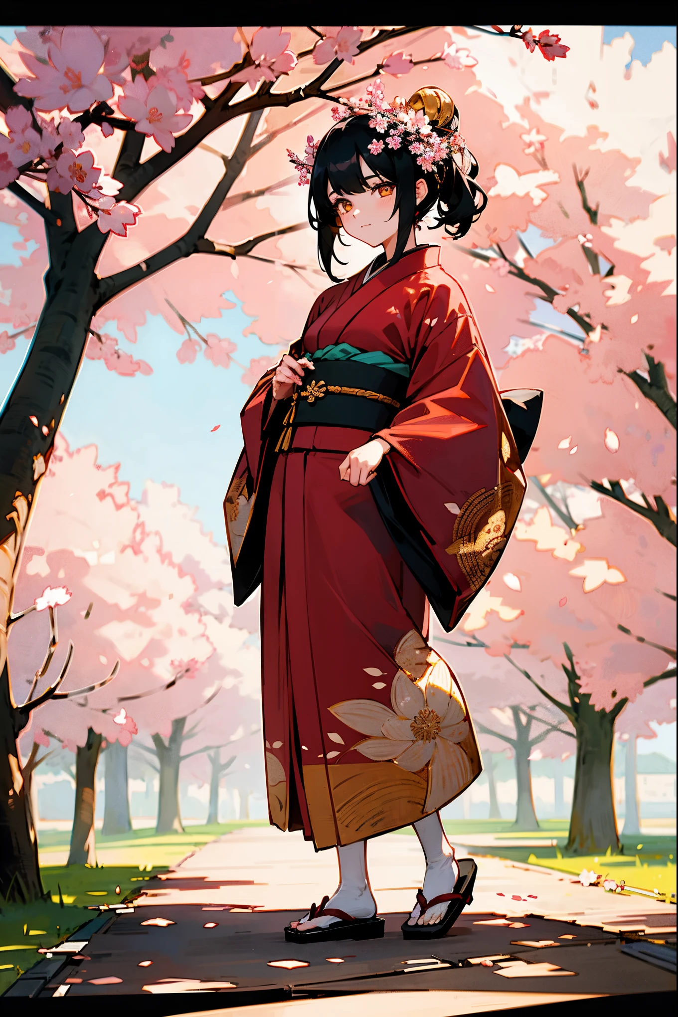 1female, black hair, golden eyes, wearing a maroon kimono with intricate designs, standing under a sakura tree in full bloom, standing on path