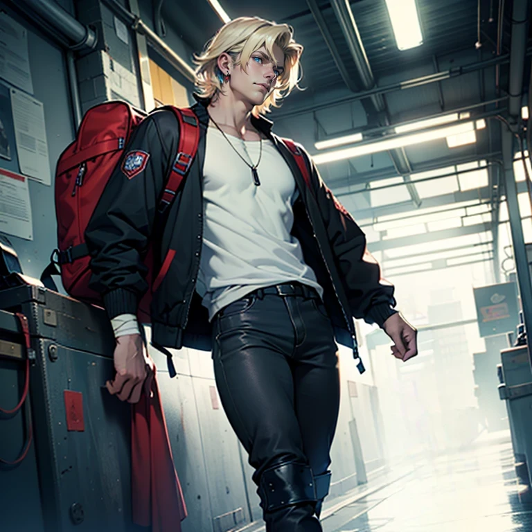 ((masterpiece)), (((best quality))), solo, 1 male, dystopian world, pale white skin, very light blonde hair, medium hair, bob hair style, straight hair, handsome young man, blue eyes, lean, tall, slender, tight pants, jacket, white shirt, bandages, elbow and knee pads, backpack, simple earrings, highest quality, highly detailed, original, high resolution CG Unit 8k wallpaper, (best quality, artwork, masterpiece, 4k)