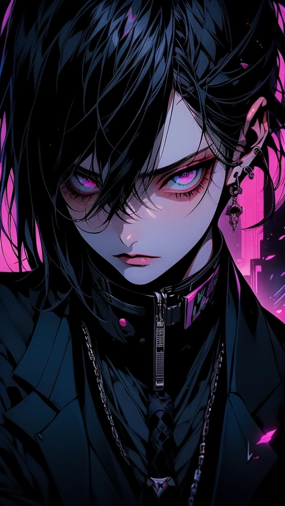 Close-up of a man in a suit and tie, Hermaphrodite Vampire, Cyberpunk girl with jet black hair, Renji Murata and Artgerm, rei hiroe Black Lagoon Manga, Black Lagoon Manga, 1 7 year old anime goth girl, inspired by Yukihiko Yasuda, Ishida Sui with black hair, Portrait of Tifa Lockhart