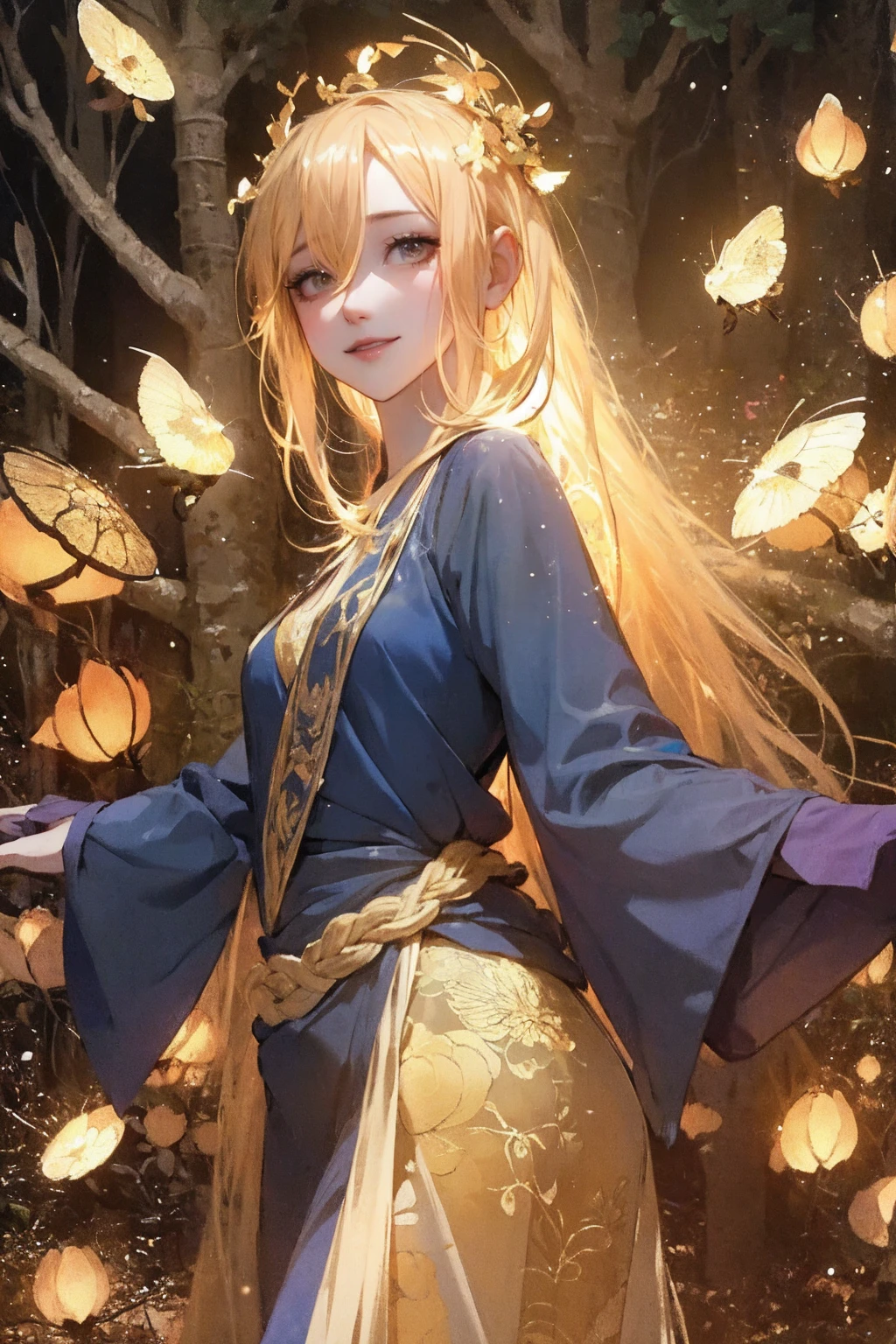 1 girl, ,,Simple smile, High-definition images, A woman, Her hair is decorated with glowing fireflies, There is a charming light in the eyes. Wearing a robe woven from moonlight, She stood in a mysterious forest,The trees come alive. on site, Bathed in the ethereal light of fireflies, Captured in an enchanted forest art style., (masterpiece, best quality, Official Art,Intricate details:1.2)