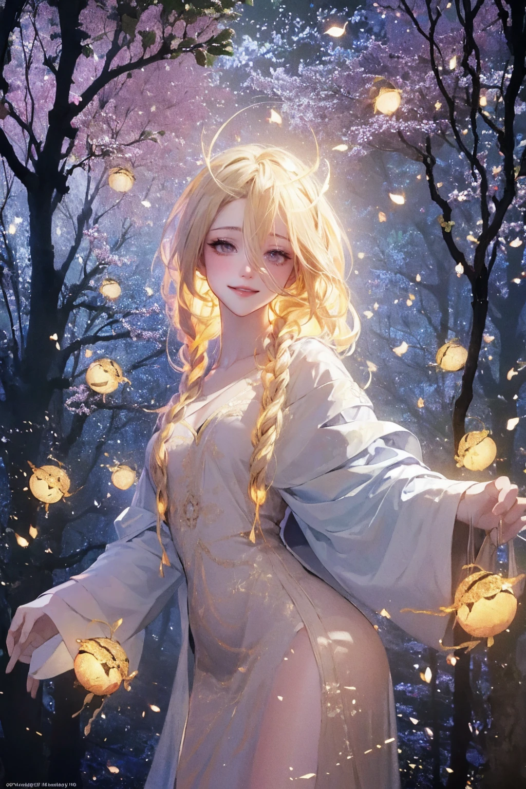 1 girl, ,,Simple smile, High-definition images, A woman, Her hair is decorated with glowing fireflies, There is a charming light in the eyes. Wearing a robe woven from moonlight, She stood in a mysterious forest,The trees come alive. on site, Bathed in the ethereal light of fireflies, Captured in an enchanted forest art style., (masterpiece, best quality, Official Art,Intricate details:1.2)