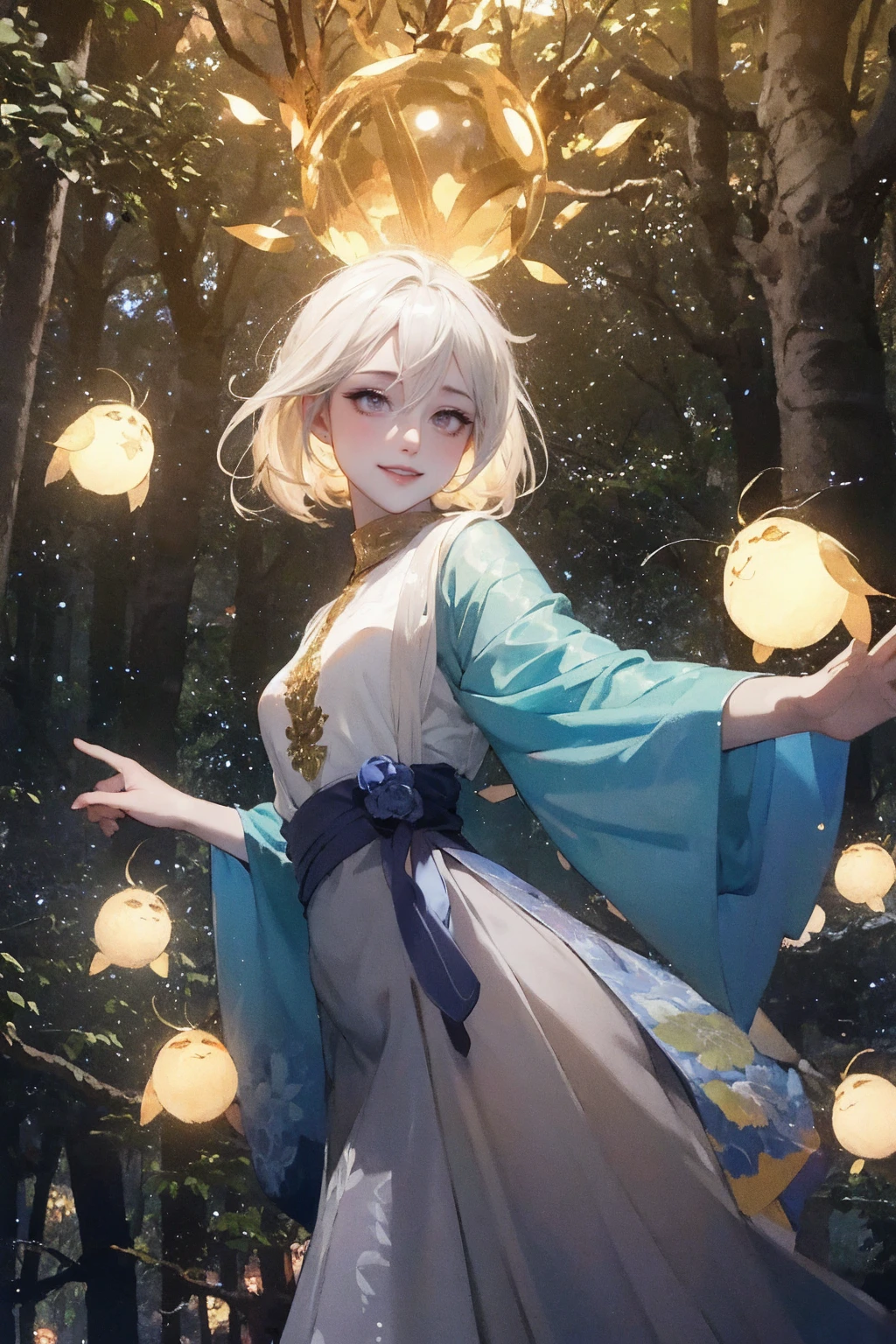 1 girl, ,,Simple smile, High-definition images, A woman, Her hair is decorated with glowing fireflies, There is a charming light in the eyes. Wearing a robe woven from moonlight, She stood in a mysterious forest，The trees come alive. on site, Bathed in the ethereal light of fireflies, Captured in an enchanted forest art style., (masterpiece, best quality, Official Art,Intricate details:1.2)