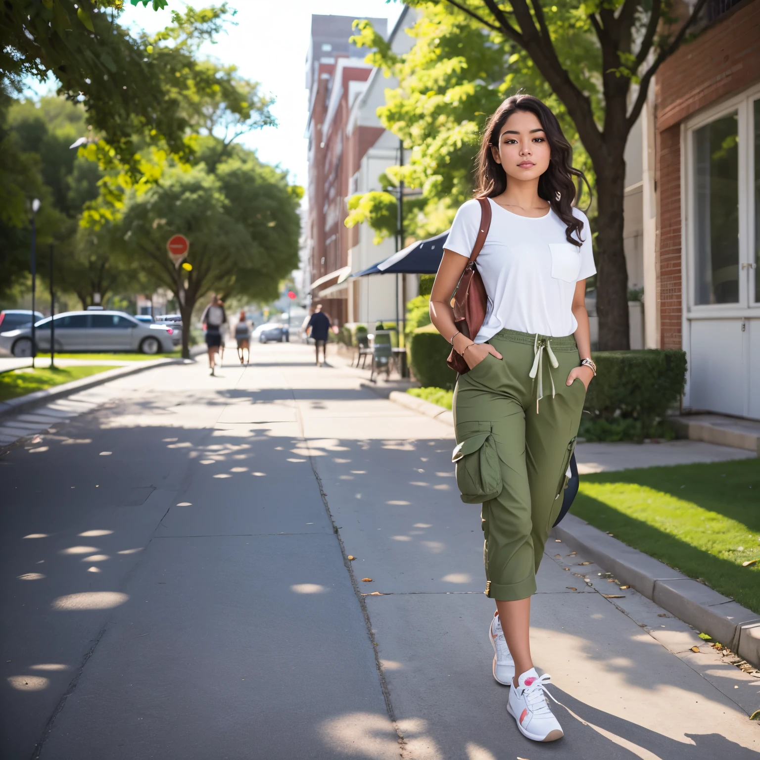 ((best quality)), ((masterpiece)), (detailed), young latina woman, dark, wavy hair, round face and slender body, embarking on a photography walk, her eyes alive with curiosity and creativity. She's dressed in a crisp white casual shirt, its light fabric fluttering gently with each step she takes. Her khaki cargo shorts are practical and stylish, with plenty of pockets to stow away extra lenses, memory cards, and other essentials. On her feet, she wears a pair of comfortable green sneakers, perfect for walking long distances without losing an ounce of energy. The soft hues of her outfit blend seamlessly with the natural surroundings, allowing her to focus on capturing the world through her lens. With her camera slung across her shoulder, she moves effortlessly from one intriguing scene to the next, ready to freeze moments in time. Every snap of the shutter reflects her passion for photography, and her relaxed yet attentive demeanor makes her a natural at spotting the beauty in everyday life.