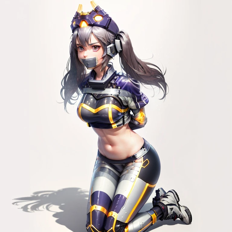 masterpiece, best quality, (extremely detailed CG unity 8k wallpaper), (best quality), (best illustration), (best shadow), female, twin tails, arrested, arms behind back, bound, tape gag 