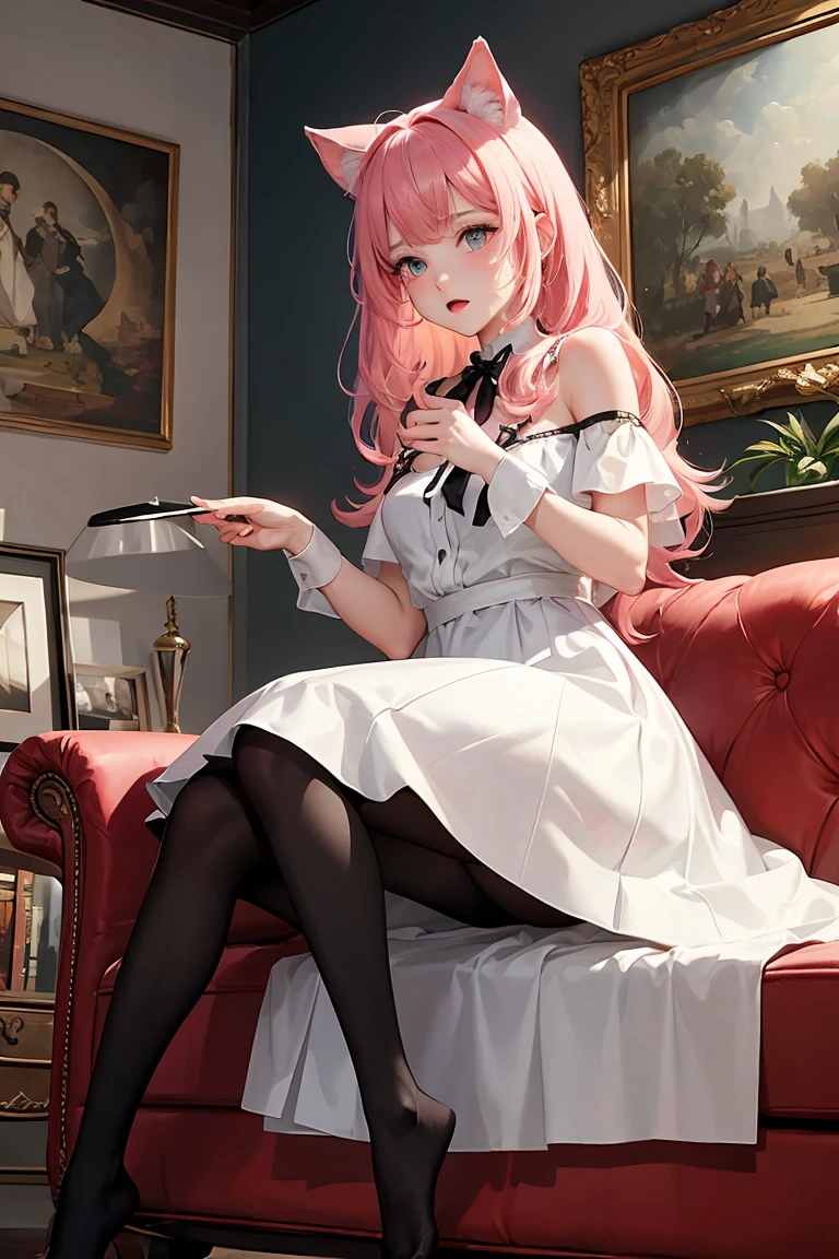 (score_9,score_8_up,score_7_up,score_6_up,score_5_up,score_4_up),(masterpiece, top quality, best quality, official art, beautiful and aesthetic:1.2), animation,, , 1girl with cat ear, perfect figure, pink hair, complex details, animation style, secondary style, living room, shy low head, white dress, pink hair, black stockings tights ,