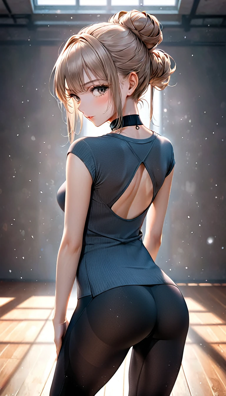 from behind, beautiful woman, yoga exercises, yoga hip thrust pose, cool and sadistic, amorous and lewd face, make-up, light brown messy single hair bun, great slender proportion, wearing knit tight fit yoga uniform, choker, (ultra detailed, absolutely resolution, best quality:1.3), 2.5D, delicate and dynamic, hyper realistic, artistic photography, graphic CG digital art, shading effects, gradation magic effects, glitter effects, sunlight effects, foggy filter effects, background yoga studio