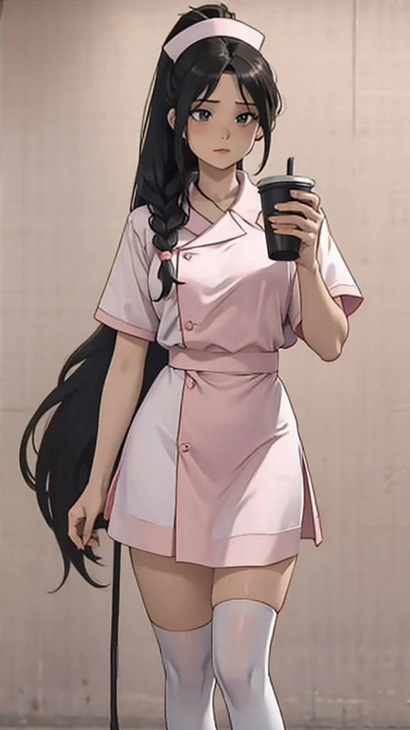 Female beauty with black long hair and ponytail, A cup, pink nurse uniform, white stockings, standing against blank background