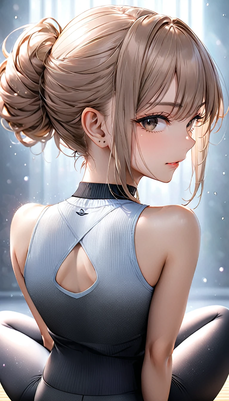 from behind, beautiful woman, yoga exercises, yoga waist thrust pose, cool and sadistic, amorous and lewd face, make-up, light brown messy single hair bun, great slender proportion, wearing knit tight fit yoga uniform, choker, (ultra detailed, absolutely resolution, best quality:1.3), 2.5D, delicate and dynamic, hyper realistic, artistic photography, graphic CG digital art, shading effects, gradation magic effects, glitter effects, sunlight effects, foggy filter effects, background yoga studio