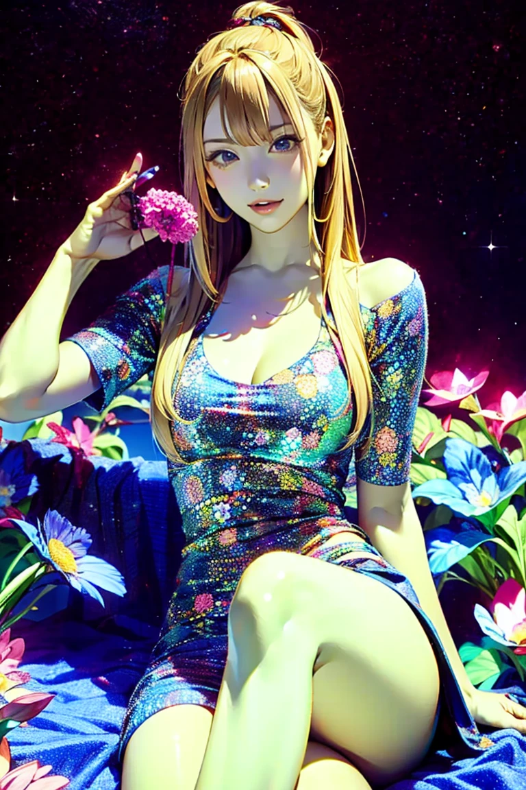 ((masterpiece)),(((Highest quality))),Thin thighs,Long legs,whole body:1.5,(One Girl:1.3),(もっと美しいsummerのラフな格好:1.3),(Wearing light casual clothes:1.2),Short Blonde:1.2、Model pose,summer、Flowerpunk Background、summerのもっとギラギラ照り付ける太陽、summerのもっと最高に眩しいサンシャイン、Gravure idol、