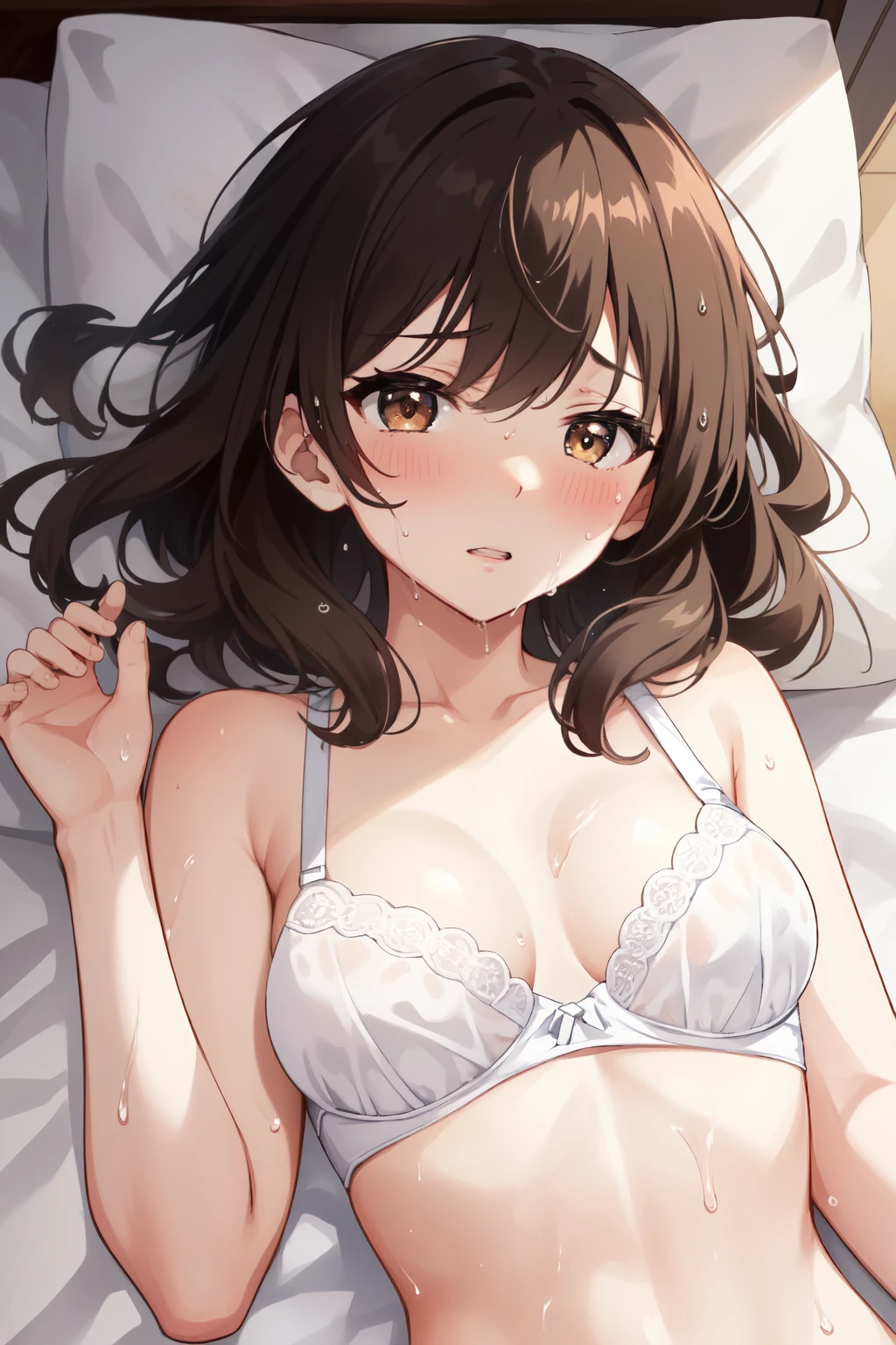 masterpiece, Highest quality, A scene from a movie, Shot from above, White sheets, (Midnight bedroom), Upper Body, beautiful girl, (Girl lying down, pillowに頬を付ける), , ((Red cheeks)), ((Very detailed)), (8k), Highest quality, (beautiful), beautiful girl, ((Embarrassed expression, Close your lips)), Slender body, ((Medium chest, beautiful胸のライン)), Medium Hair, (Brown Hair, Wet), Upper Body, (Sweat, blush, ), soaked,White bra, (Wet Bra), (レースのブラジャーはWet), ((Wet underwear)), Lying in bed, 濡れたWhite sheets,pillow, I'm pounding, First experience night, 横たわる少女をShot from above, Waiting for a boyfriend、Place your hand on your stomach, Do something very embarrassing, Delighted, Sexy look, ((Gasp))