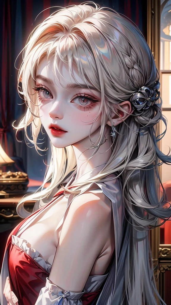 One beautiful woman, ,
long hairstyle 、red hair color , emerald eyes, beautiful eyes, detailed eyes ,
Two-tone hair colors,small face、anime makeup、"A girl with a cute and androgynous face"、white skin、cute eyes、Very thin eyebrows、tall、stylish black luxury fashion、stylish outfits 、、25 years old、British girl、Has a languid look、anger、Lower the corners of your mouth with no expression on your face、Photographed from the side diagonally、model photoshoot、masterpiece、highest quality、high resolution、luxurious 、glaring expression、korean makeup 、Cool photos、Various poses、rich , an expression of despair, lifeless eyes , Gothic outfit , sexy.,large curves, big breasts, plump body. ,maid outfits