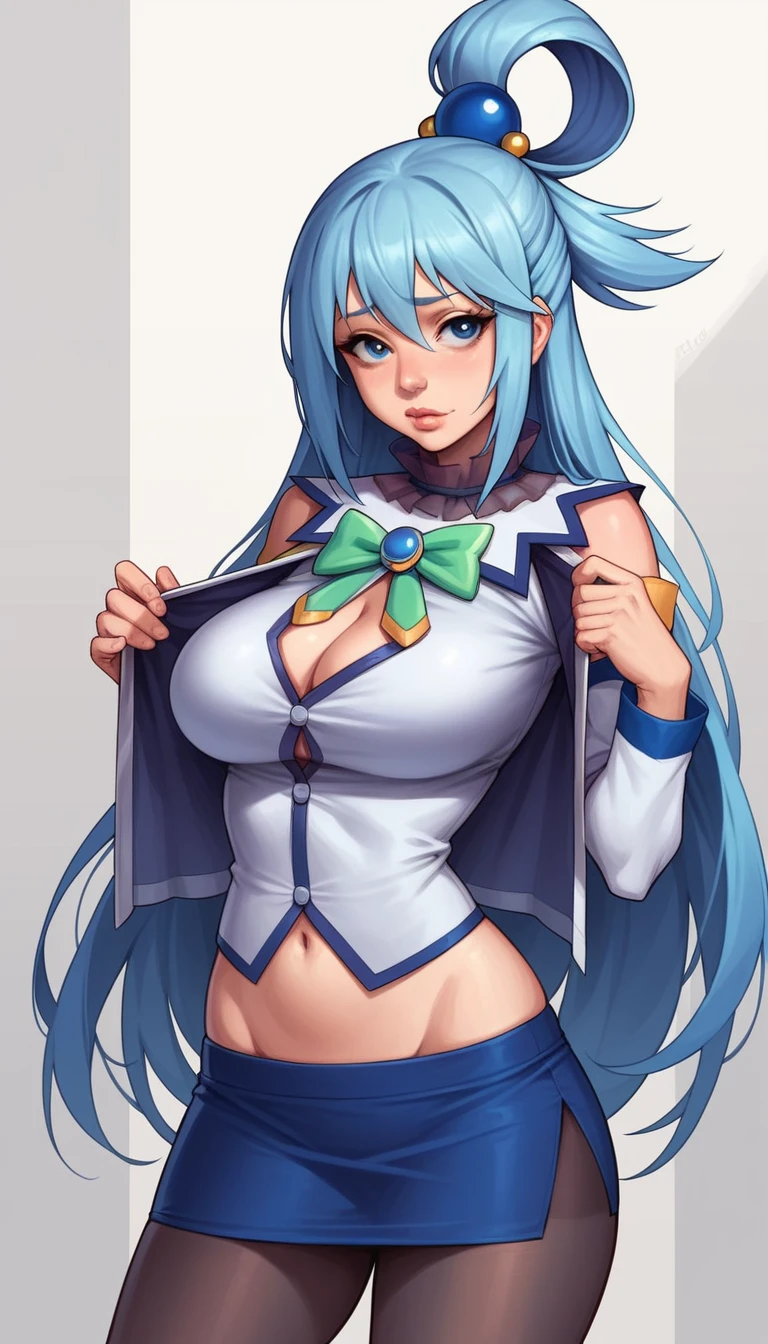 aqua \(konosuba\), long hair, hair ornament, very long hair, hair rings, hair bobbles, single hair ring, blue hair, blue eyes,woman in a short skirt and a white shirt with a black tie, tied - up shirt, smooth white tight clothes suit, sexy outfit, open v chest clothes, wearing a shirt with a tie, very sexy outfit, intriguing outfit, jk uniform, , white silky outfit, miniskirt, sexy style, , wearing tight simple clothes,1girl, skirt, solo, necktie, pencil skirt, pantyhose, midriff, navel, breasts, lips, miniskirt, skirt lift, large breasts