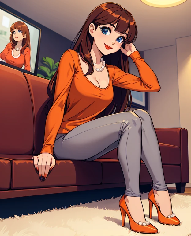 Masterpiece, intricate details, full body portrait, front view, 1female, solo, 38 year old female, adult female, long brown hair, bangs, blue eyes, red lipstick, mascara, medium breasts, red manicured nails, looking at viewer, whimsical expression, calm smile, cleavage ((Wearing: Orange V-neck shirt with long sleeves, pearl necklace, grey leggings, and heels)), standing, looking at viewer, (Background: Indoors, living room, couch, TV),

