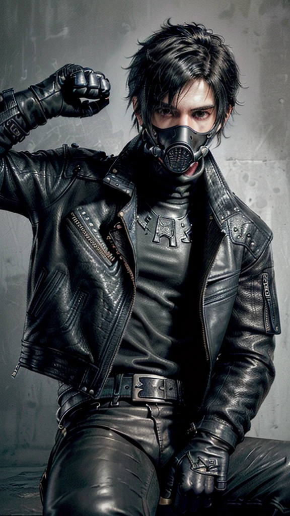((Final fantasy taste and reality graphics)), ((Japanese young cute and cool ikemen  boy)), ((his age is early 20s)),
((boy id thin eyebrows and beady eyes)),  
((he wearing white color leather thick and heavy material jacket)), 
((jacket design is single-brest)), , 
((jacket is large size)),
((with epaulet)), 
((Leather jacket is long sleeve)), 
((jacket is zipping up, front of the leather jacket)), , 
((voluminous leather jacket)), ,
((jacket length is high)), 
((Leather jacket collar is stand-up)) 
((jacket collar with two belts)), 
((jacket is a little black color line patterns)), 
((Boy also wearing black thick material turtleneck lackluster shirts)), 
((Wearing tight black color leather pants)),  
((put black leather tight and thin glove on both hands)), 
((black leather glove is full finger)),
((black leather knee-high raceup boots)),
((must views  head-to-toe)),
((must views whole body)), ,
((Do not show skin from the neck down)),
((leather jacket leather glove and leather pants have few wrinkles)),
(( Avoid showing your innerwear,zip up jacket fastner.))
((must put on a leather glove)).
((Boy is black hair)).
((boy looks like fashion model.))
((Boy in the dim room)).
((Jacket color is off white))
((Boy put on black gasmask at nose and mouth area))