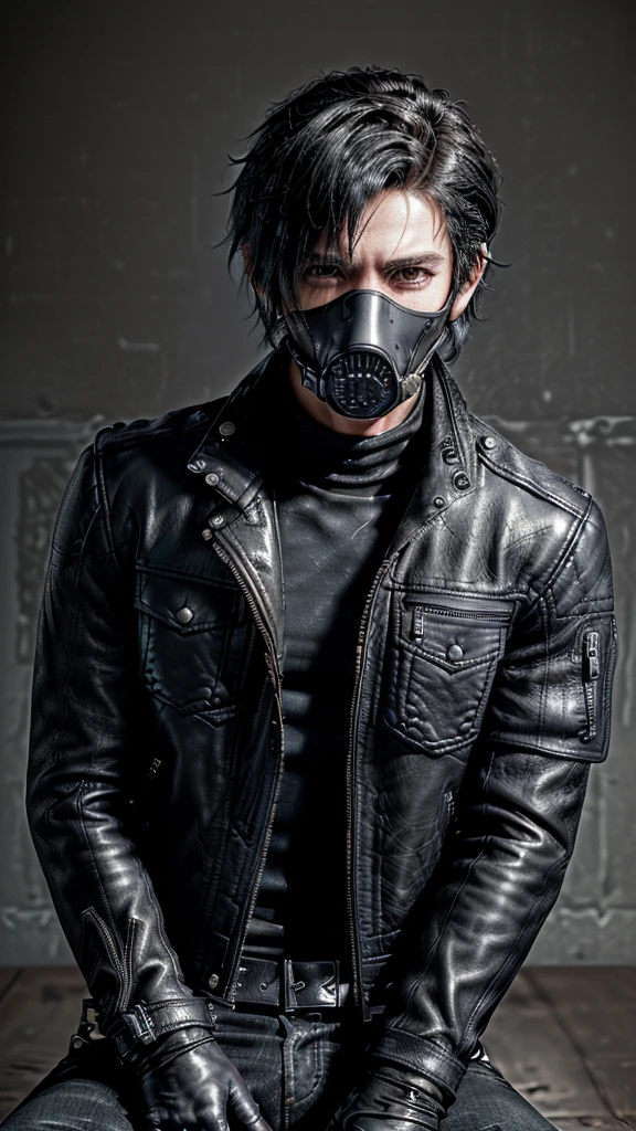 ((Final fantasy taste and reality graphics)), ((Japanese young cute and cool ikemen  boy)), ((his age is early 20s)),
((boy id thin eyebrows and beady eyes)),  
((he wearing white color leather thick and heavy material jacket)), 
((jacket design is single-brest)), , 
((jacket is large size)),
((with epaulet)), 
((Leather jacket is long sleeve)), 
((jacket is zipping up, front of the leather jacket)), , 
((voluminous leather jacket)), ,
((jacket length is high)), 
((Leather jacket collar is stand-up)) 
((jacket collar with two belts)), 
((jacket is a little black color line patterns)), 
((Boy also wearing black thick material turtleneck lackluster shirts)), 
((Wearing tight black color leather pants)),  
((put black leather tight and thin glove on both hands)), 
((black leather glove is full finger)),
((black leather knee-high raceup boots)),
((must views  head-to-toe)),
((must views whole body)), ,
((Do not show skin from the neck down)),
((leather jacket leather glove and leather pants have few wrinkles)),
(( Avoid showing your innerwear,zip up jacket fastner.))
((must put on a leather glove)).
((Boy is black hair)).
((boy looks like fashion model.))
((Boy in the dim room)).
((Jacket color is off white))
((Boy put on black gasmask at nose and mouth area))