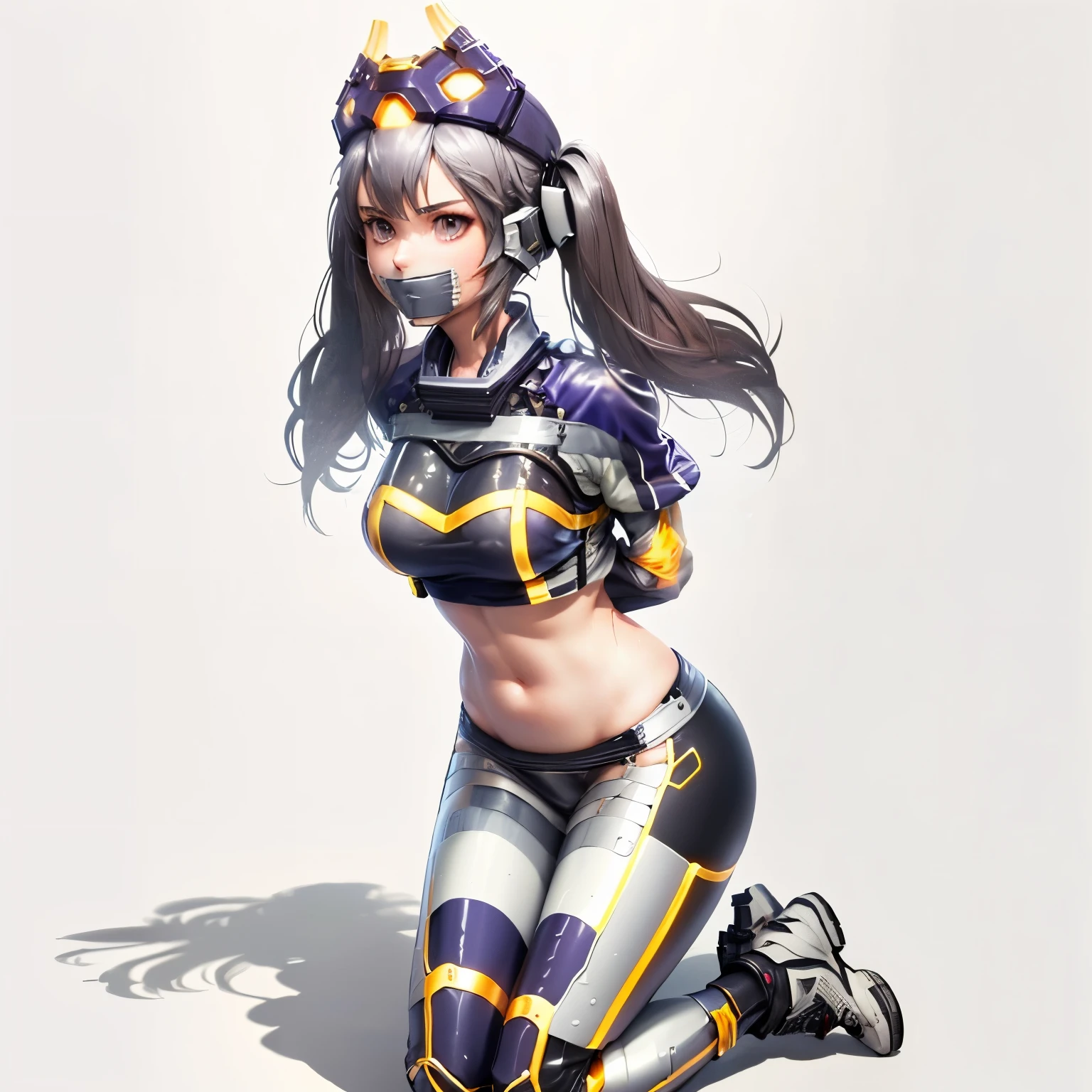 masterpiece, best quality, (extremely detailed CG unity 8k wallpaper), (best quality), (best illustration), (best shadow), female, twin tails, arrested, arms behind back, bound, tape gag 