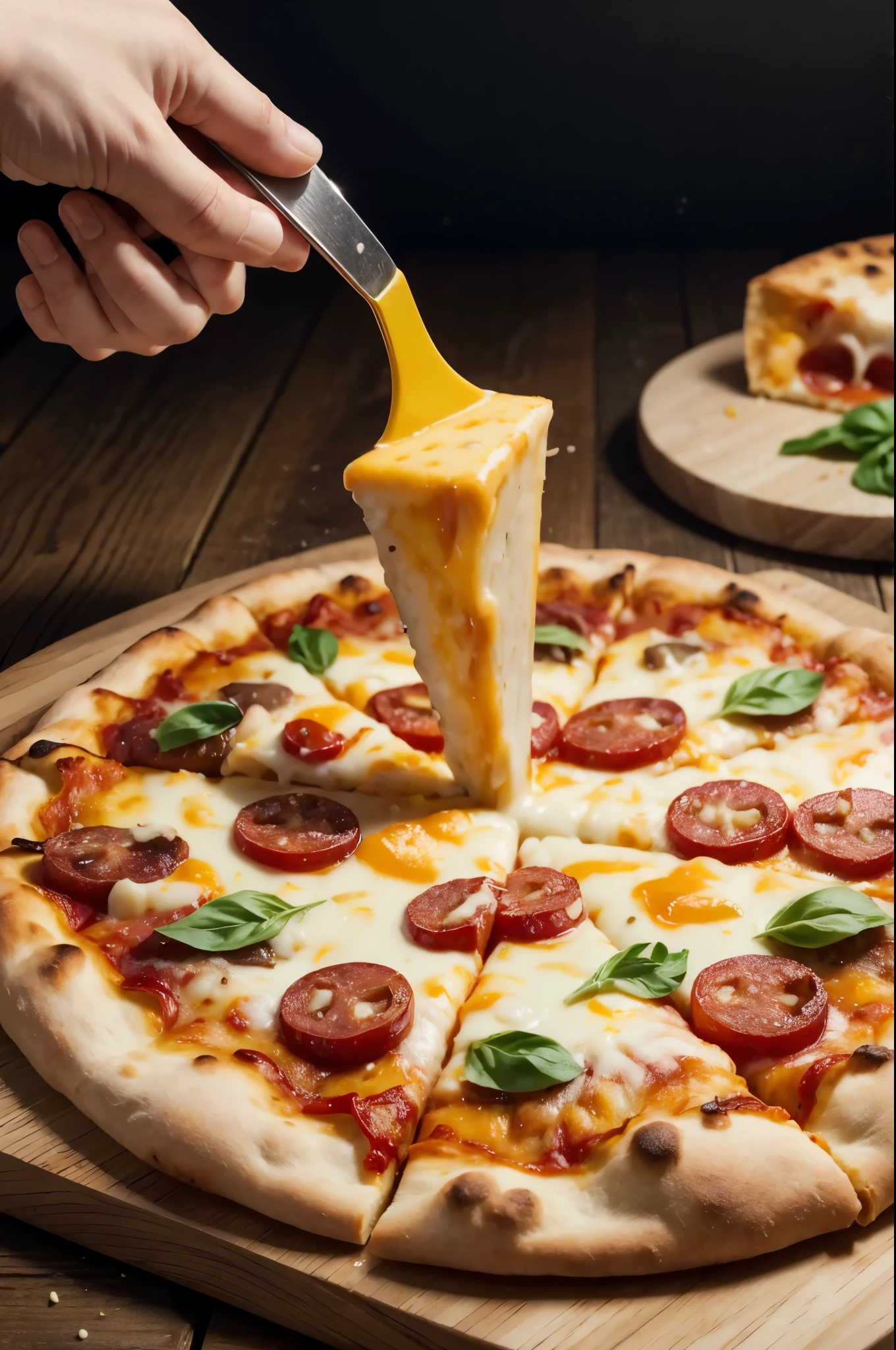 Create a 4 MP resolution image, of an appetizing slice of pizza being lifted by a spatula. The slice must be suspended in the air, showing cheese melting and stretching as it is lifted. Pizza topping should be rich and tasty, with fresh ingredients like pepperoni, Colorful bell peppers, toadstools, Olives and basil. The background must be blurred, highlighting the pizza slice and spatula as the main elements of the image. Make sure the lighting highlights the crunchy texture of the dough and the shine of the melted cheese, making pizza seem irresistible.