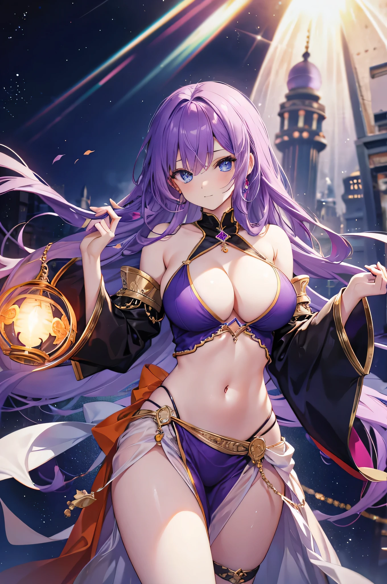 4K,High resolution,One Woman,Purple Hair,long hair,Blue Eyes,Big Breasts,Arabian Princess,Orange dancer's dress,Bejeweled costumes,Belly button,Princess Tiara,Arabian palaces