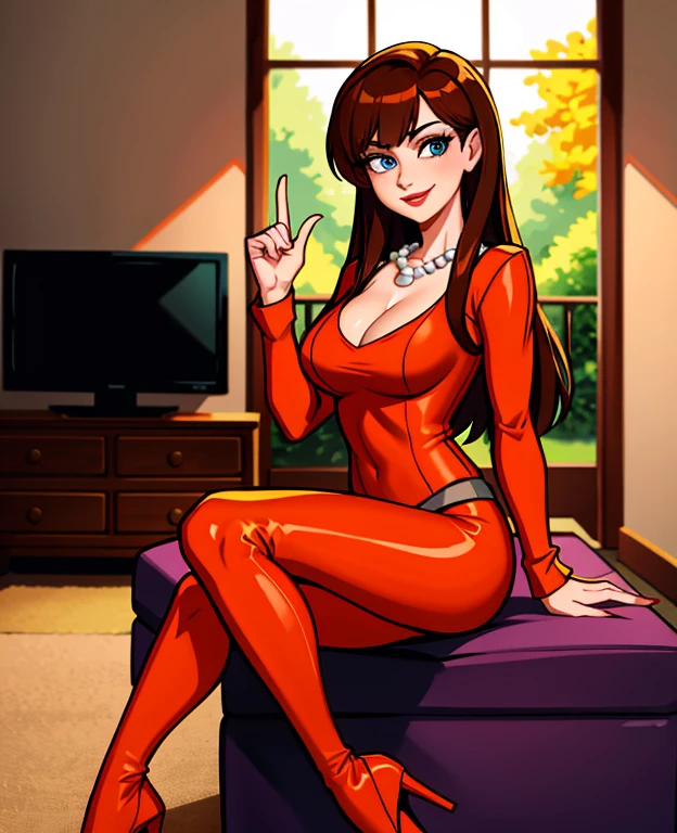 Masterpiece, intricate details, full body portrait, front view, 1female, solo, 38 year old female, adult female, long brown hair, bangs, blue eyes, red lipstick, mascara, medium breasts, red manicured nails, looking at viewer, whimsical expression, calm smile, cleavage ((Wearing: Orange V-neck shirt with long sleeves, pearl necklace, grey leggings, and heels)), standing, looking at viewer, (Background: Indoors, living room, carpet, TV),