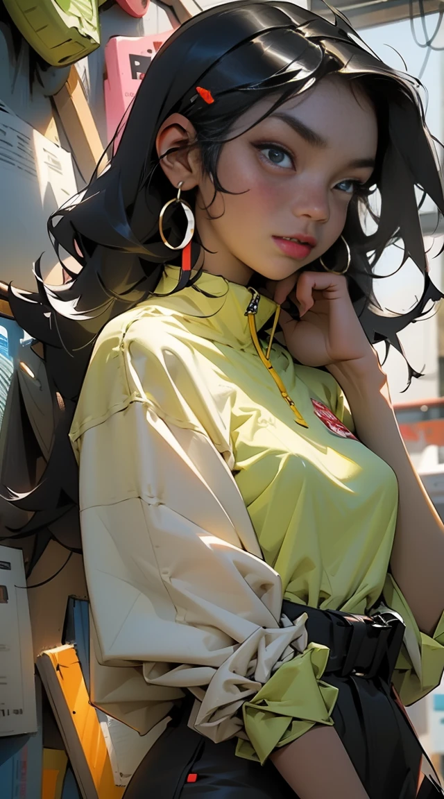 young adult woman, black hair, black eyes, eyes, ebony skin, casual clothes, upper body, Brown skin
