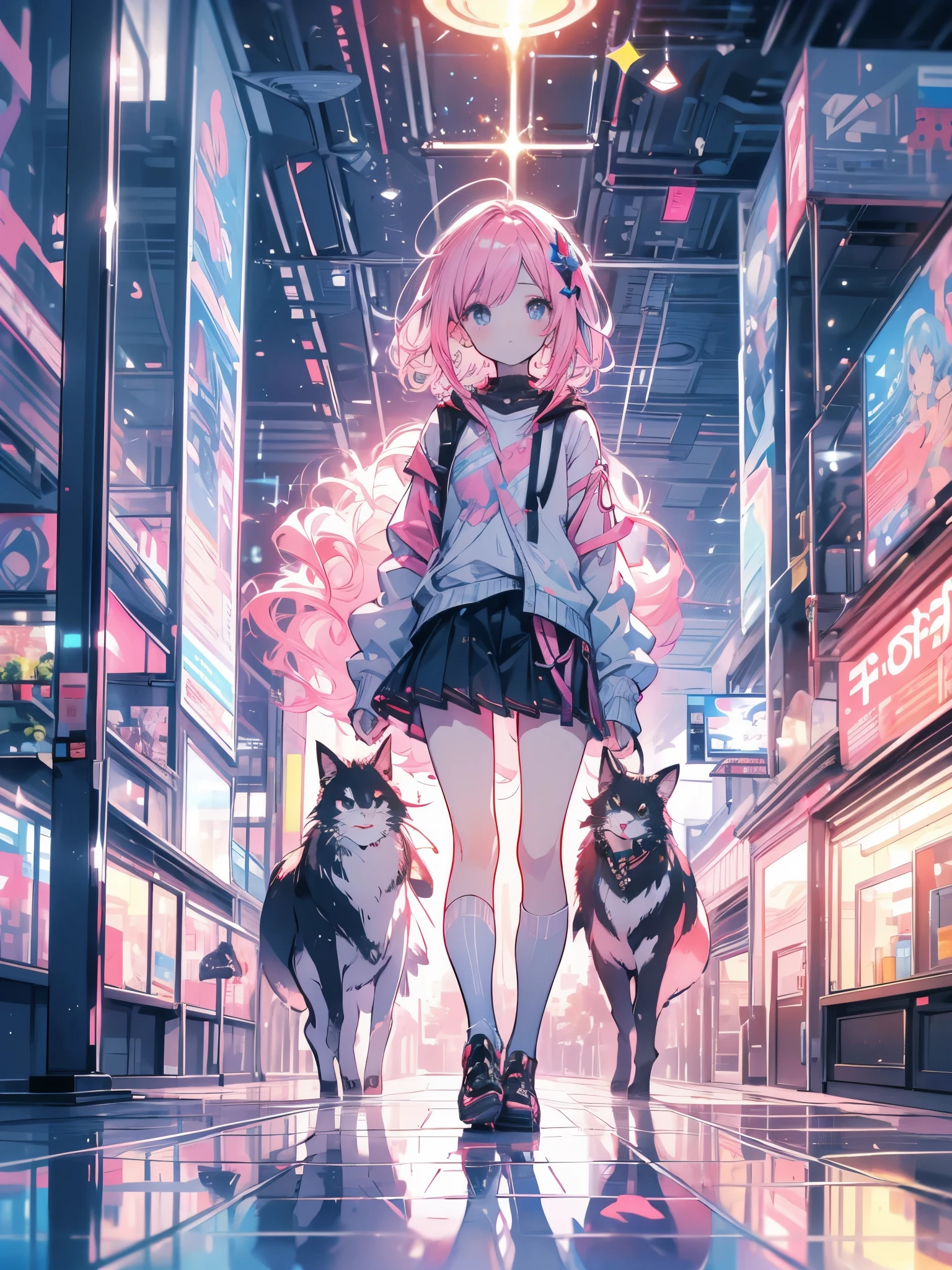 work of art, best qualityer, ultra detali, illustration, wide angle, 1 girl standing in the middle of the road, standing alone, road in the middle and pink cherry trees on the side of the road, Farbepo todo, the 20s, pink hair, sweater, skirt short, lo fashion,, Composition, balance, harmony, pacing, Farbe, Lumiere, ombre, reflection, refraction, tom, sharp contrast, foreground, middle ground, fund, naturalist, Figurative, representative.