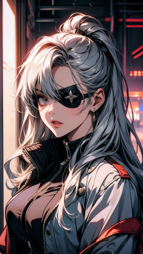 Anime girl wearing a silver jacket and a black eyepatch, The finer details. Girls' Frontline, from Girls' Frontline, Detailed Anime Character Art, Azur Lane Style, Burning, Girls' Frontline style, I also make fan art, Albedo from Overlord, Portrait of Tifa Lockhart, Created by Anime Painter Studio, Portrait Gap Moe Yandere Grimdark, Portrait of Tifa Lockhart画