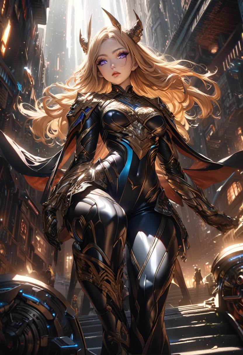 beautiful detailed eyes, beautiful detailed lips, extremely detailed eyes and face, long eyelashes, 1 female character, demon armor, high tech, high heels, gloves, bodysuit, qipao, long golden hair, benevolent, cinematic lighting, highly detailed, photorealistic, 8k, hyper detailed, award winning digital art, masterpiece, incredibly realistic, cinematic composition, dramatic lighting, vibrant colors, intricate details, fantasy, sci-fi