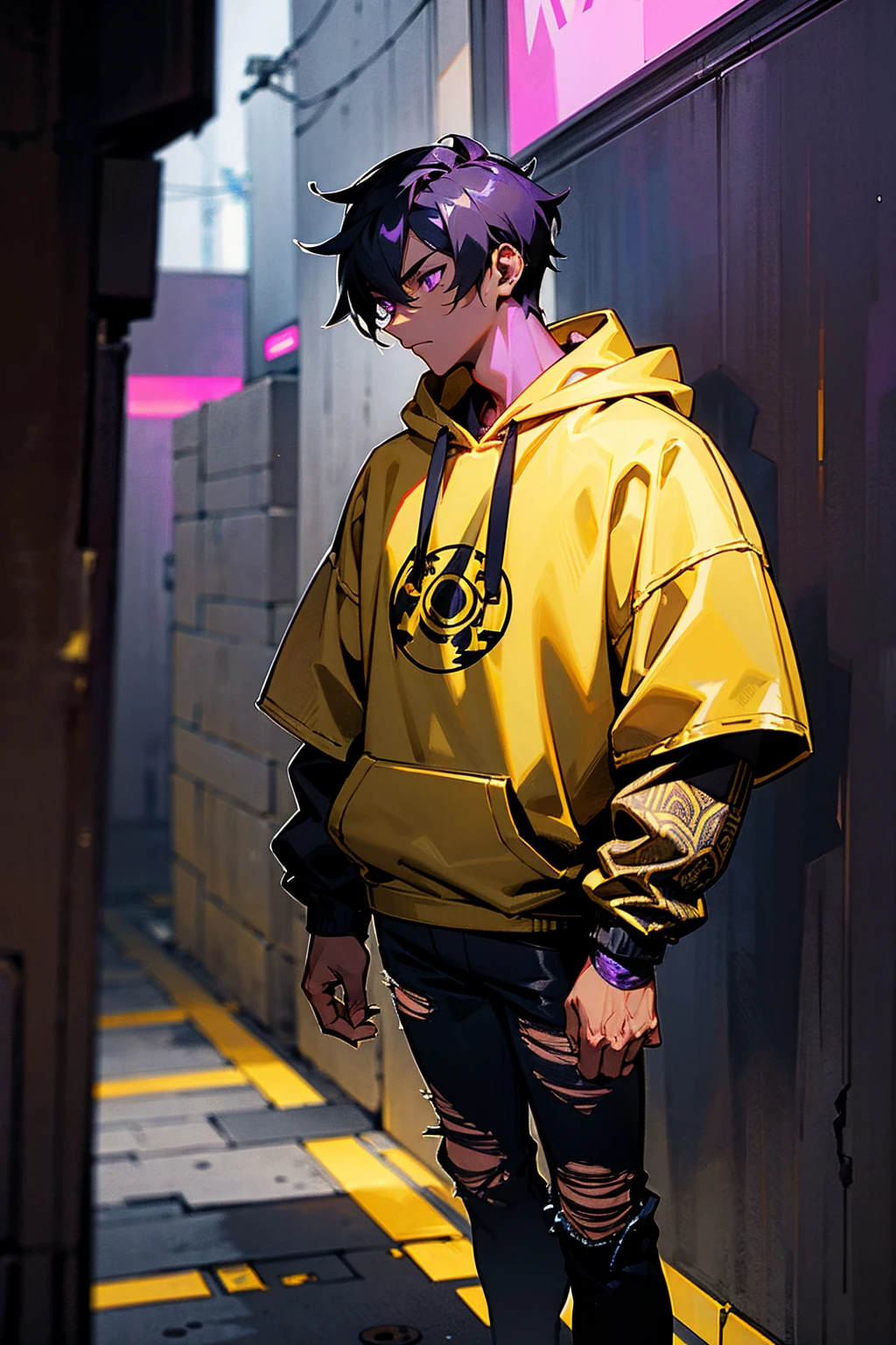 1male, dark skin, purple eyes, black hair, wearing a black hoodie with golden designs, ripped jeans, standing in a foggy alleyway, standing on path