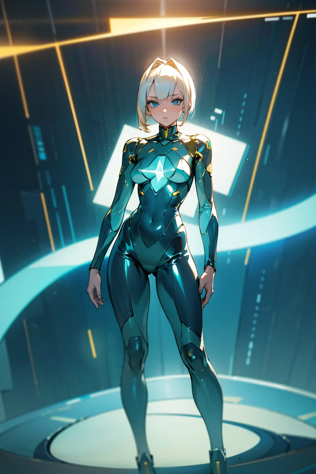 female, platinum blonde hair, blue eyes, wearing a teal and gold futuristic bodysuit, standing in a high-tech lab with holographic screens, standing on path