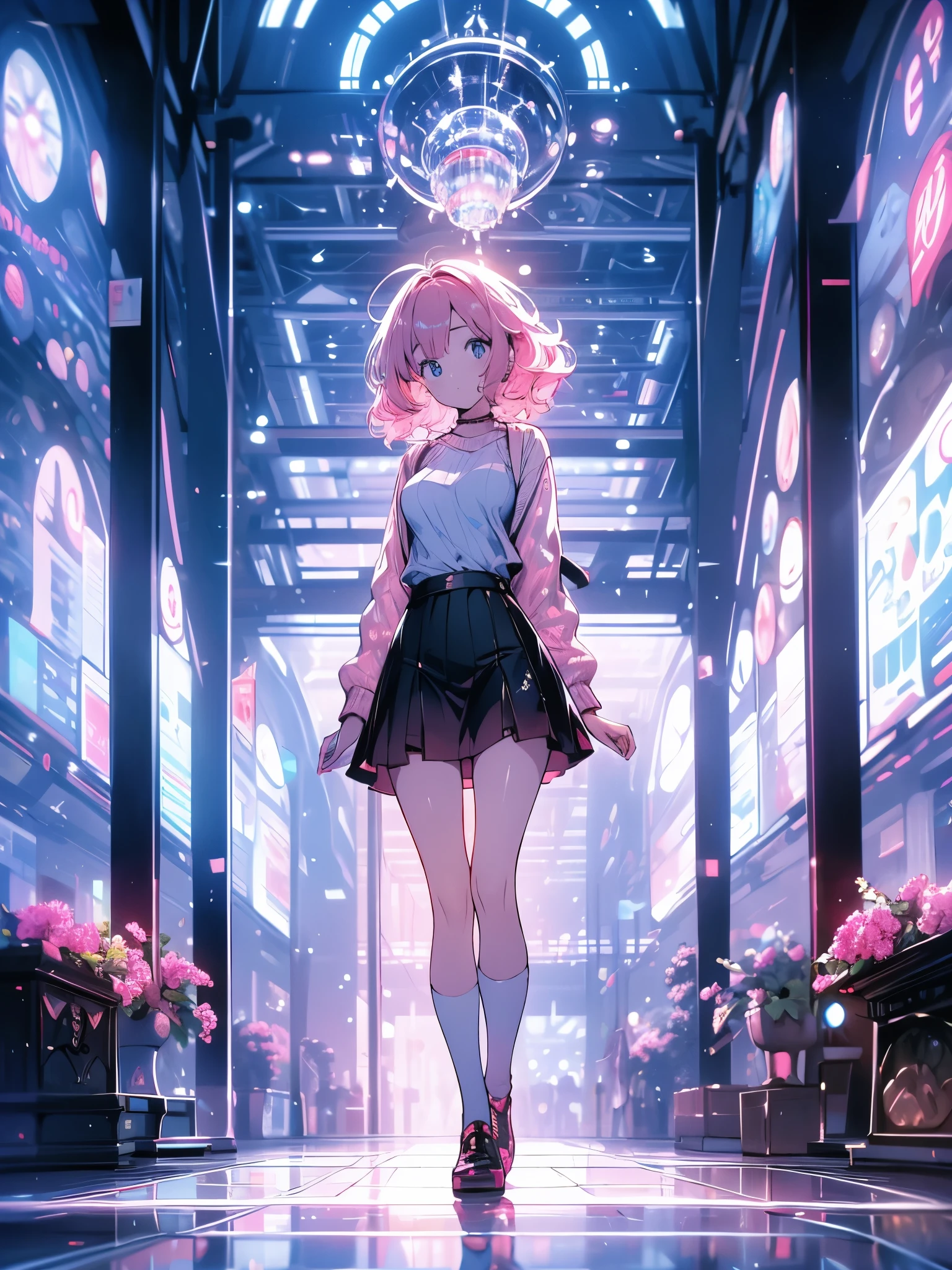 work of art, best qualityer, ultra detali, illustration, wide angle, 1 girl standing in the middle of the road, standing alone, road in the middle and pink cherry trees on the side of the road, Farbepo todo, the 20s, pink hair, sweater, skirt short, lo fashion,, Composition, balance, harmony, pacing, Farbe, Lumiere, ombre, reflection, refraction, tom, sharp contrast, foreground, middle ground, fund, naturalist, Figurative, representative.