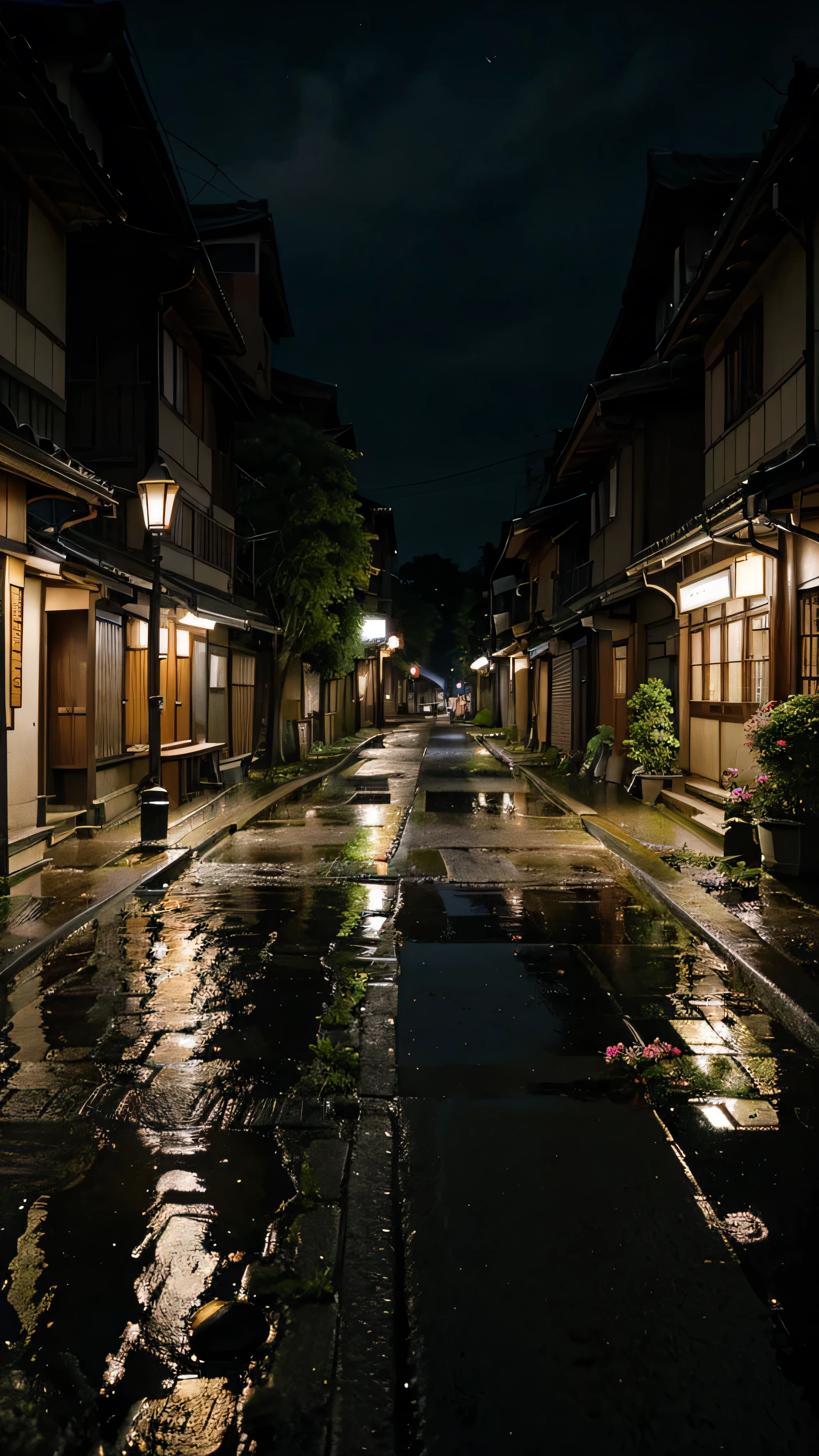night view in Japan rural street area with saukura tree and flowers next to the road, two side of the road with street lamp and floor is a bit wet due to it just rain.