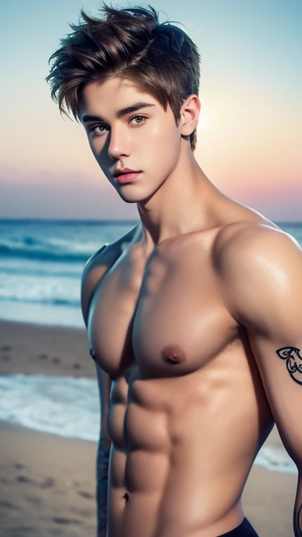 Create a realistic image of a young man resembling Justin Bieber.. He should be short., Stylish brown hair, green eyes, fair skin,naked,A large, mature penis,and confident expression. The location should be a sunny beach with people in the background., And there should be tattoos visible on the chest and shoulders.."erect penis""