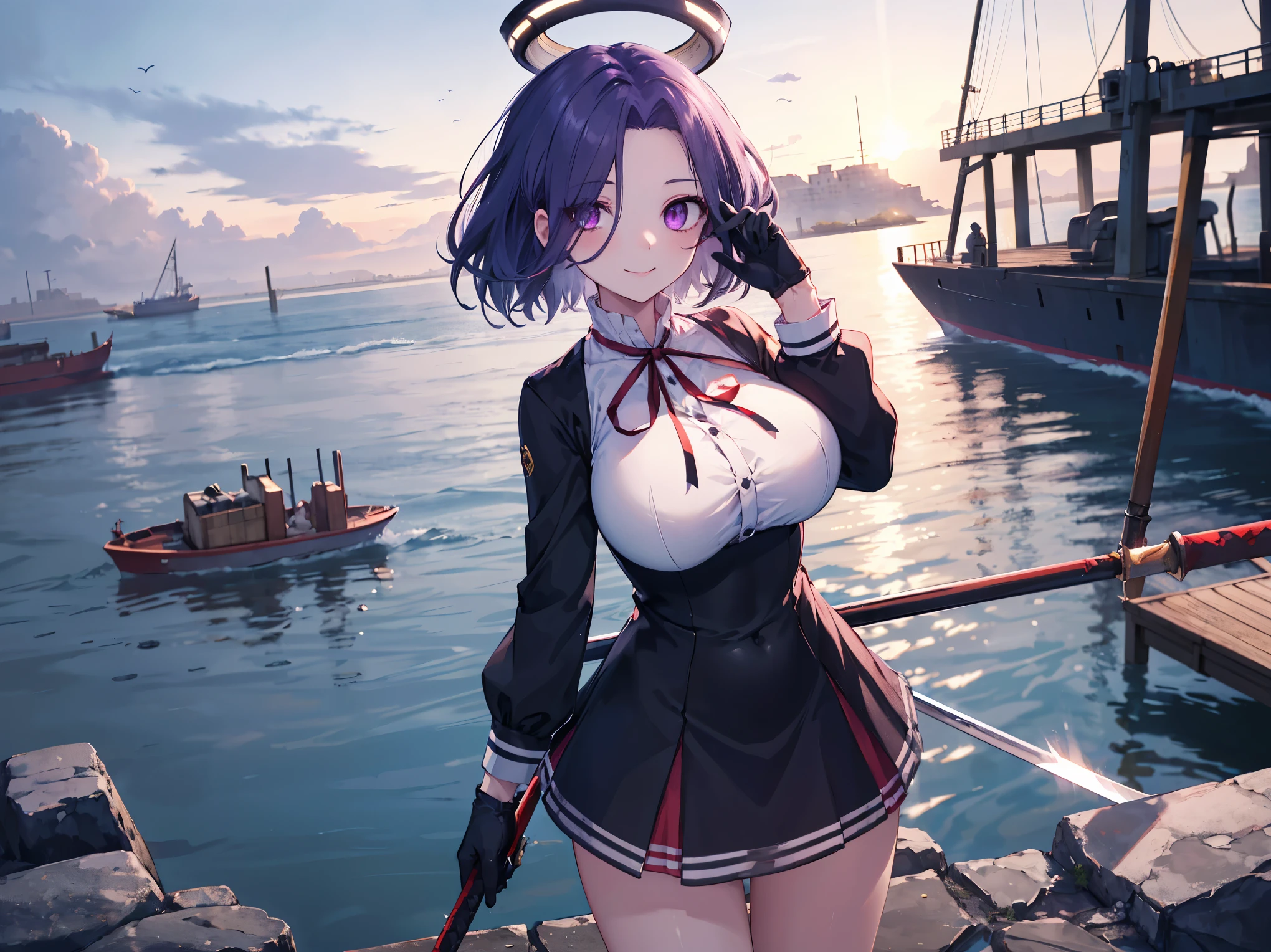 masterpiece, best quality, highres, mechanical halo, (gigantic_breasts:1.2), black dress, neck ribbon, long sleeves, black gloves, outdoors, cowboy shot, standing, holding weapon, polearm,smile,,harbor_town_landscape,purple_halfeyes,(scornful eye:1.4)