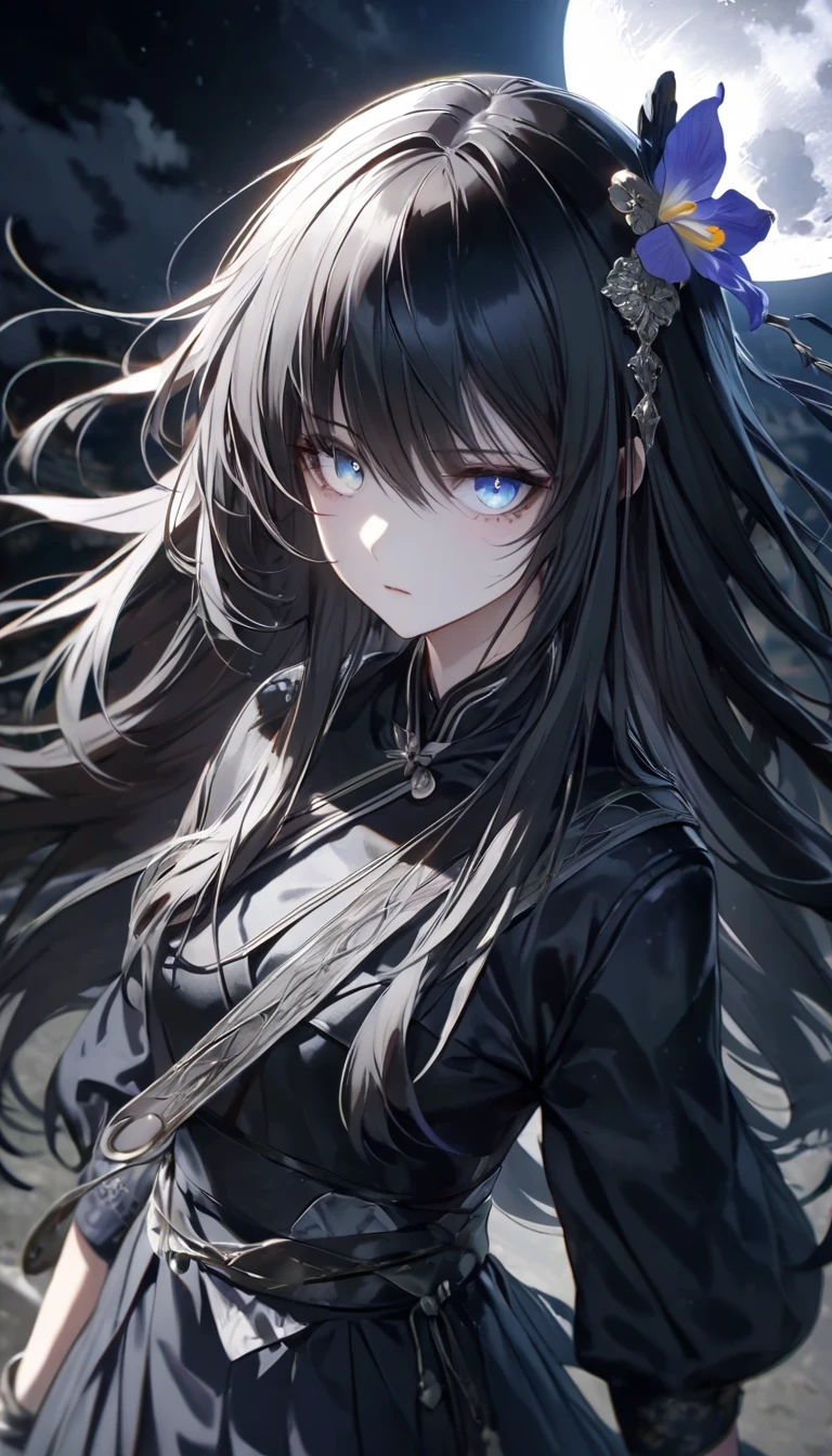 (Highest quality),(masterpiece), 8k,Very detailed, Detailed light, Best Shadow,Detailed reflective eyes, Beautiful Eyes, Very detailedな顔,Shiny Hair,One person,Gloss,semi-long,Black Hair,iris,Fascinating,Expressionless,Quiet anger,full moon,hair ornaments,whole body,front,A journey to another world guided by the moon,my,my,fan,darkness,My face is too dirty to paint,Dynamic Angle,