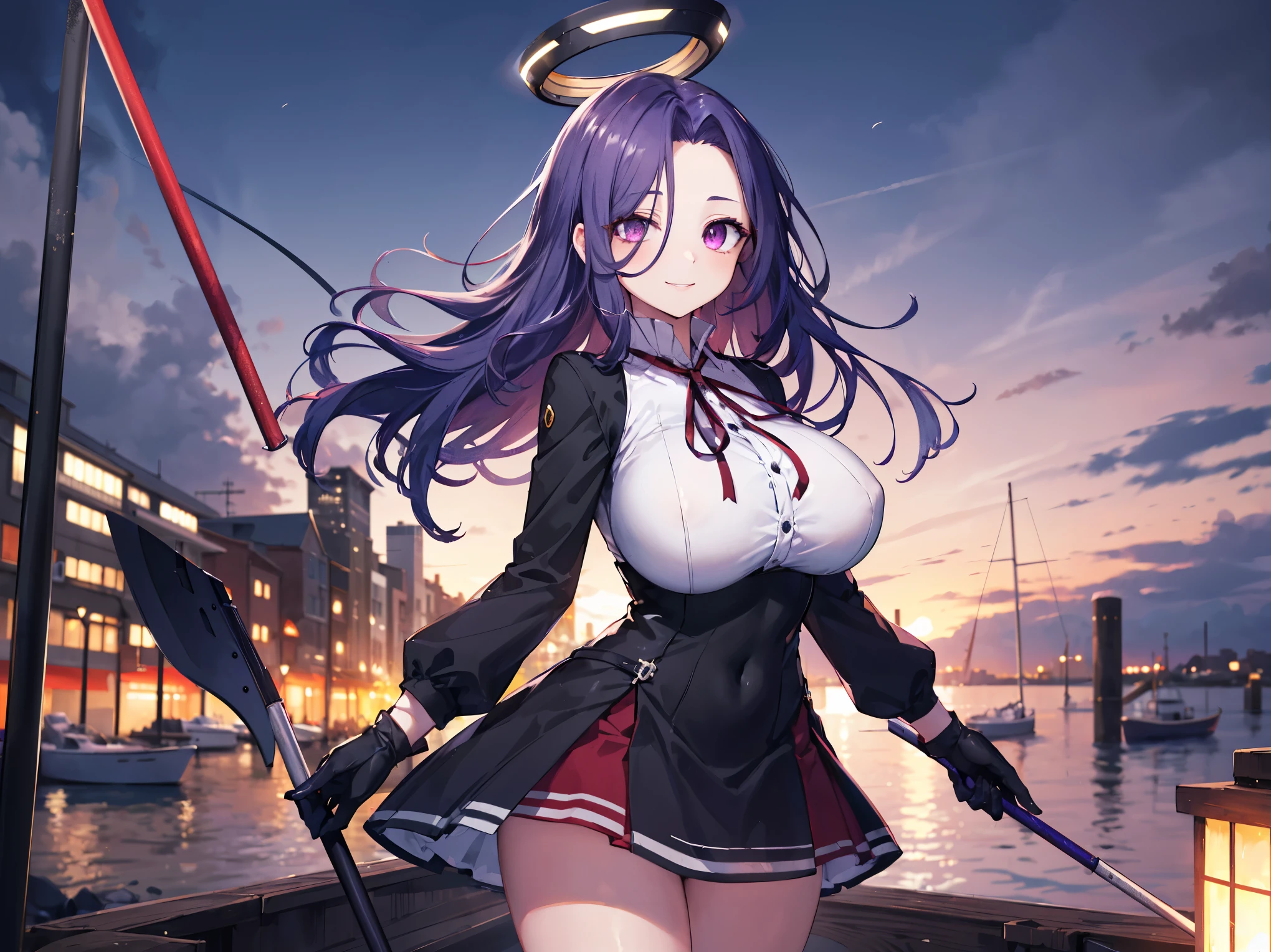 masterpiece, best quality, highres, mechanical halo, (gigantic_breasts:1.2), black dress, neck ribbon, long sleeves, black gloves, outdoors, cowboy shot, standing, holding weapon, polearm,smile,,harbor_town_landscape,purple_halfeyes,(scornful eye:1.4)