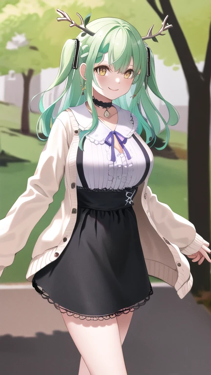 masterpiece, best quality, highres, hmcf, long hair, antlers, branch, two side up, hair ribbon, braid, yellow eyes, large breasts, jewelry, black choker, frills, white shirt, long sleeves, white cardigan, open cardigan, suspender skirt, black skirt, white socks, cowboy shot, standing, street, smile
